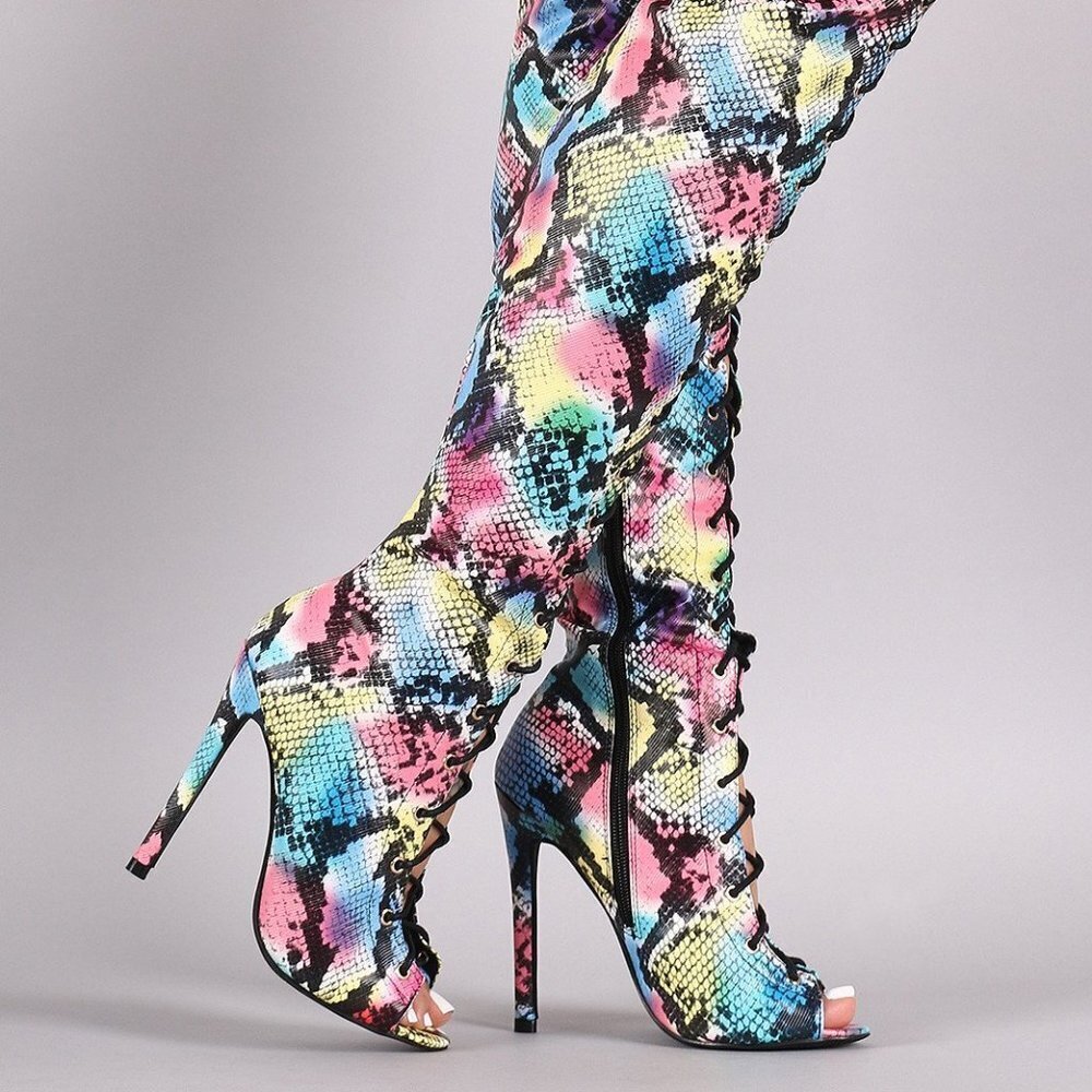 RAINBOW PYTHON LACE-UP STILETTO OVER-THE-KNEE BOOTS